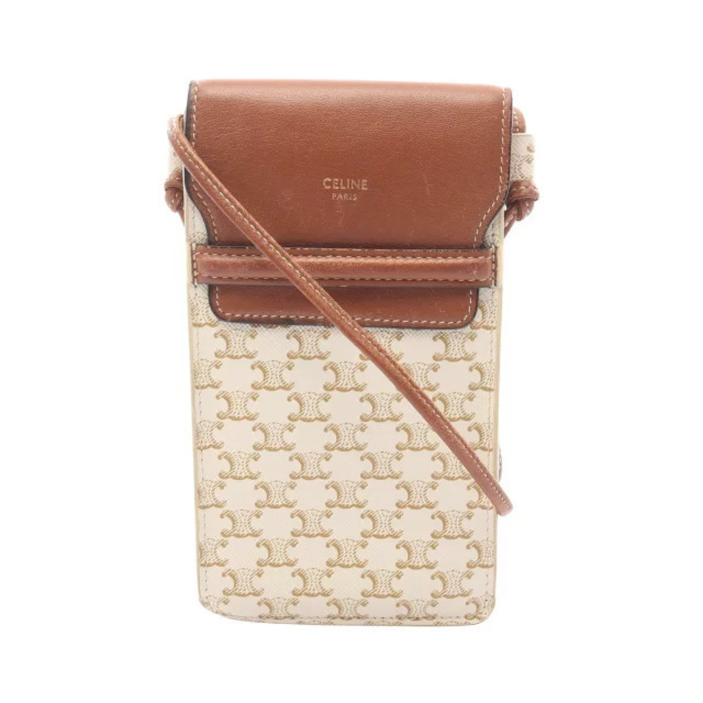 Celine Triomphe Phone Shoulder Bag Canvas Leather Ivory White Brown